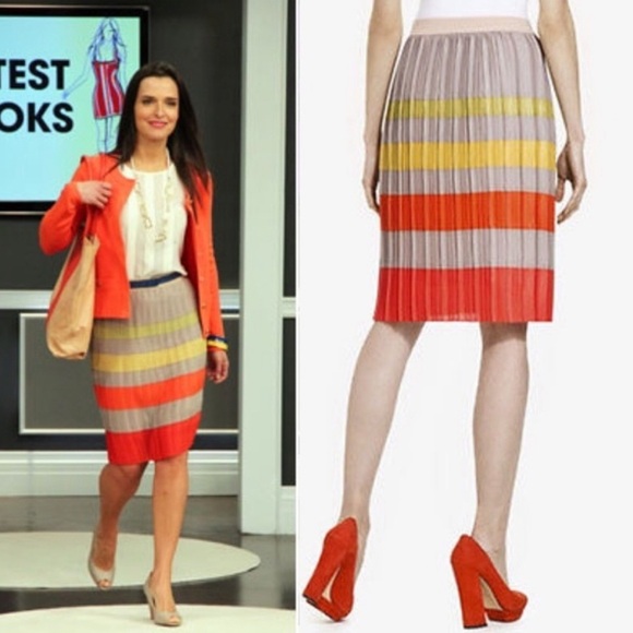 BCBGMAXAZRIA Pleated Beige Selita Pencil Skirt Elastic Waist Colorblock Striped - Picture 5 of 5